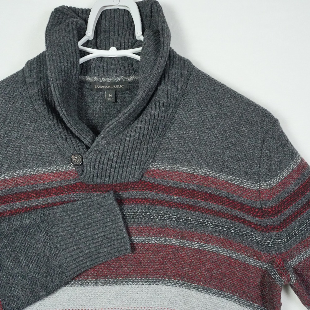 Banana Republic Men's Shawl Collar Striped Knit Sweater Medium‎ Gray Wool Blend